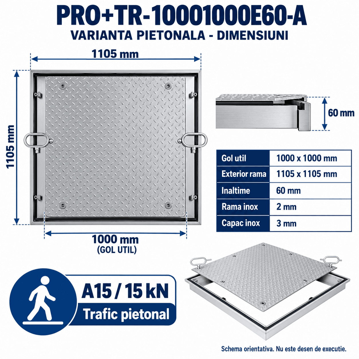 Capac cu tablă striată, oțel inoxidabil A15, 400x400, BAUKANAL, imaginea 2
