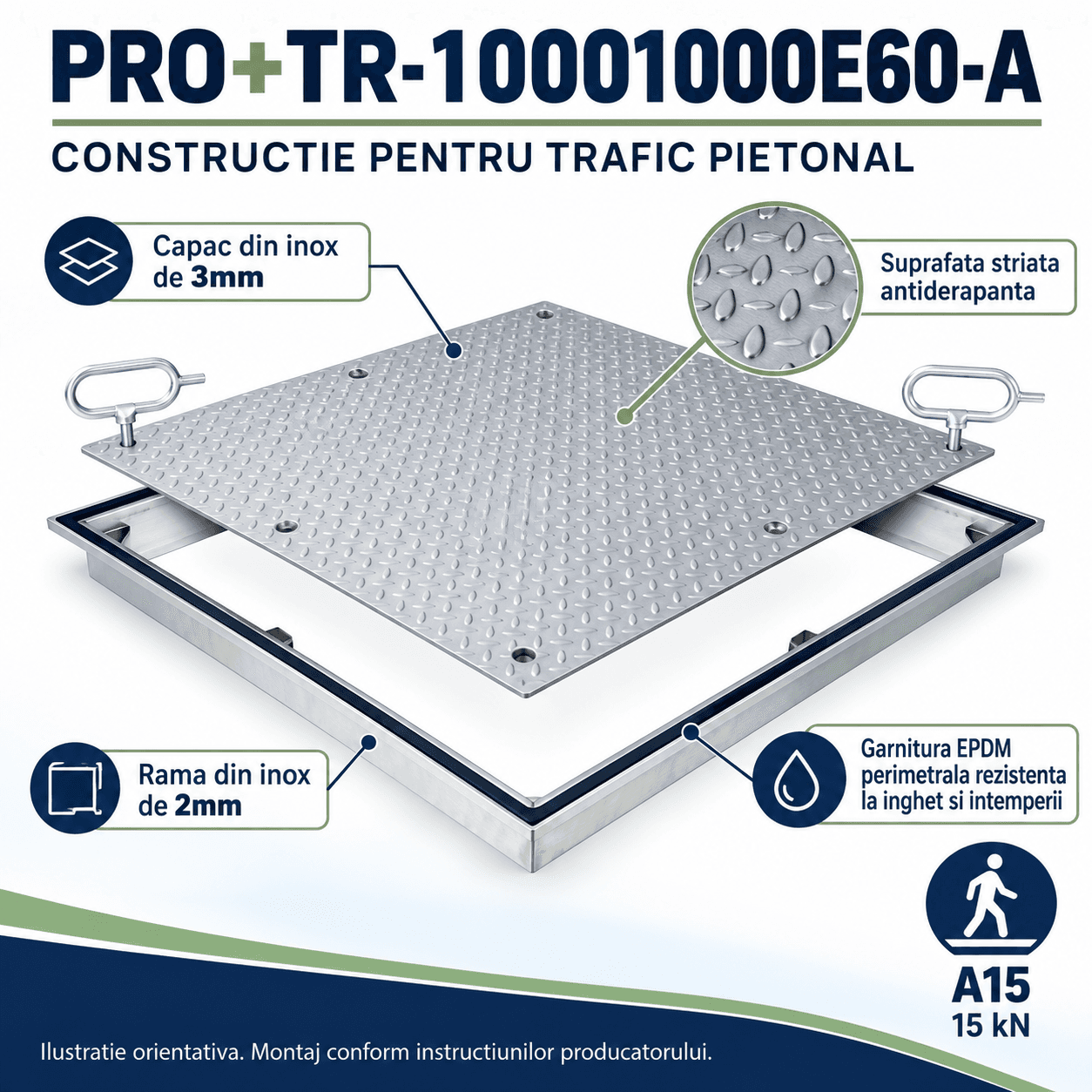Capac cu tablă striată, oțel inoxidabil A15, 400x400, BAUKANAL, imaginea 3